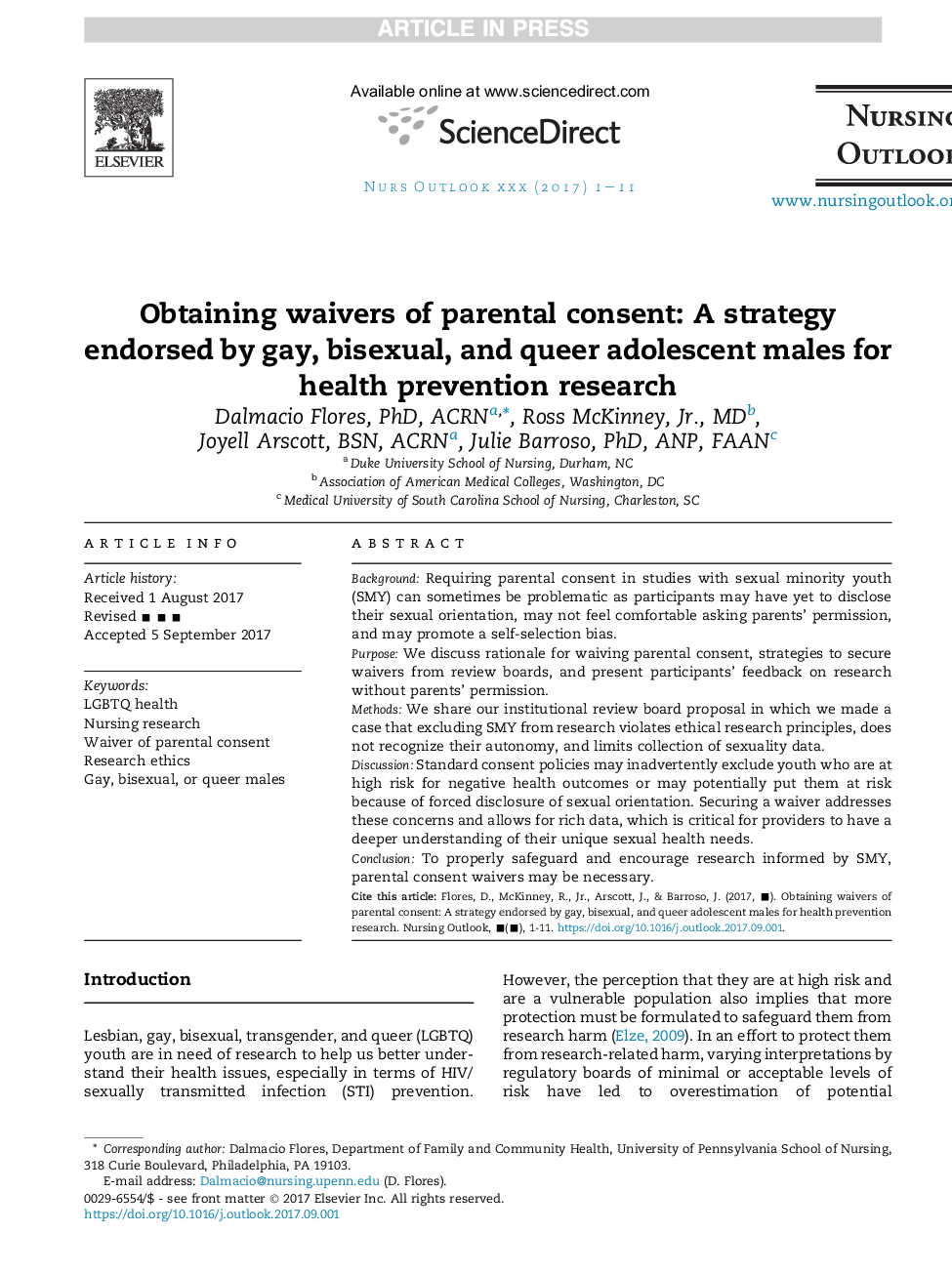 Obtaining waivers of parental consent: A strategy endorsed by gay, bisexual, and queer adolescent males for health prevention research