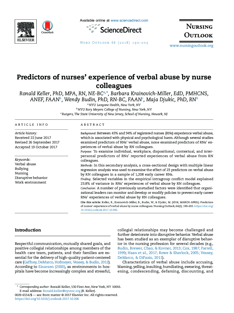 Predictors of nurses' experience of verbal abuse by nurse colleagues