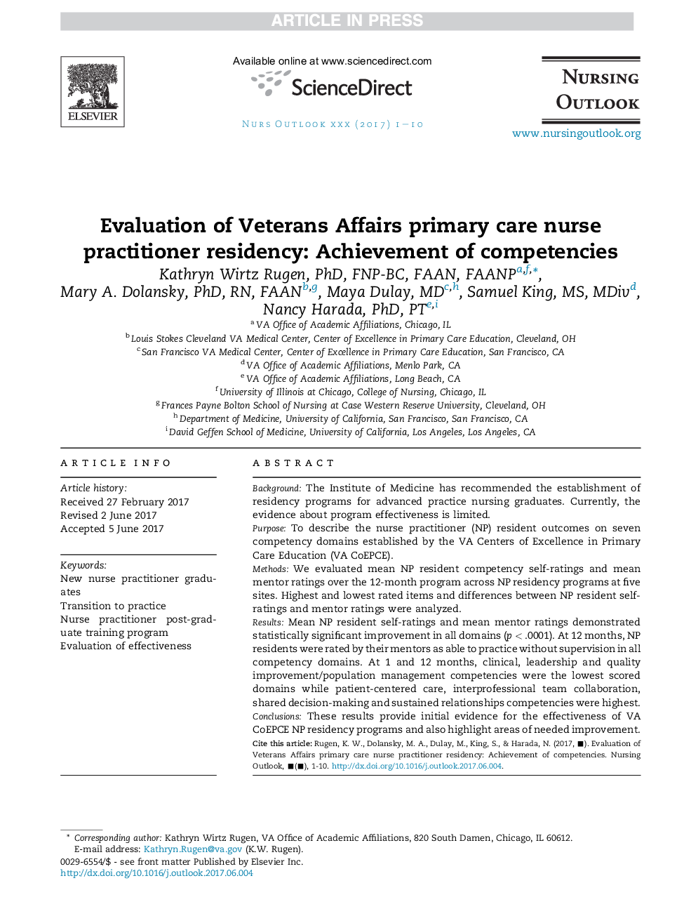 Evaluation of Veterans Affairs primary care nurse practitioner residency: Achievement of competencies