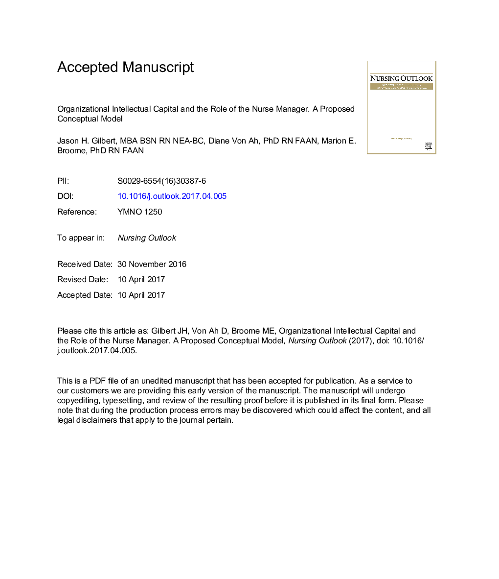 Organizational intellectual capital and the role of the nurse manager: A proposed conceptual model