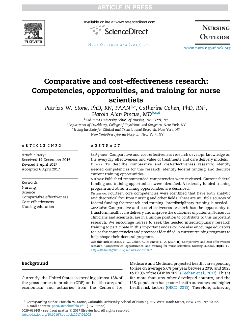 Comparative and cost-effectiveness research: Competencies, opportunities, and training for nurse scientists