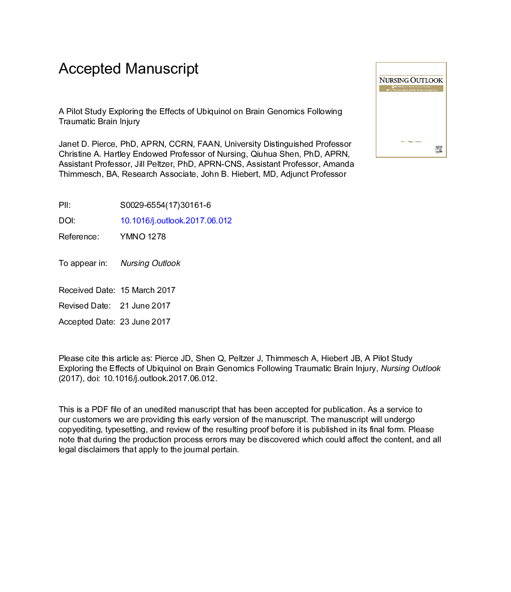 A pilot study exploring the effects of ubiquinol on brain genomics after traumatic brain injury