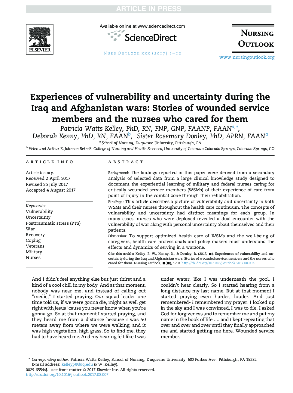 Experiences of vulnerability and uncertainty during the Iraq and Afghanistan wars: Stories of wounded service members and the nurses who cared for them