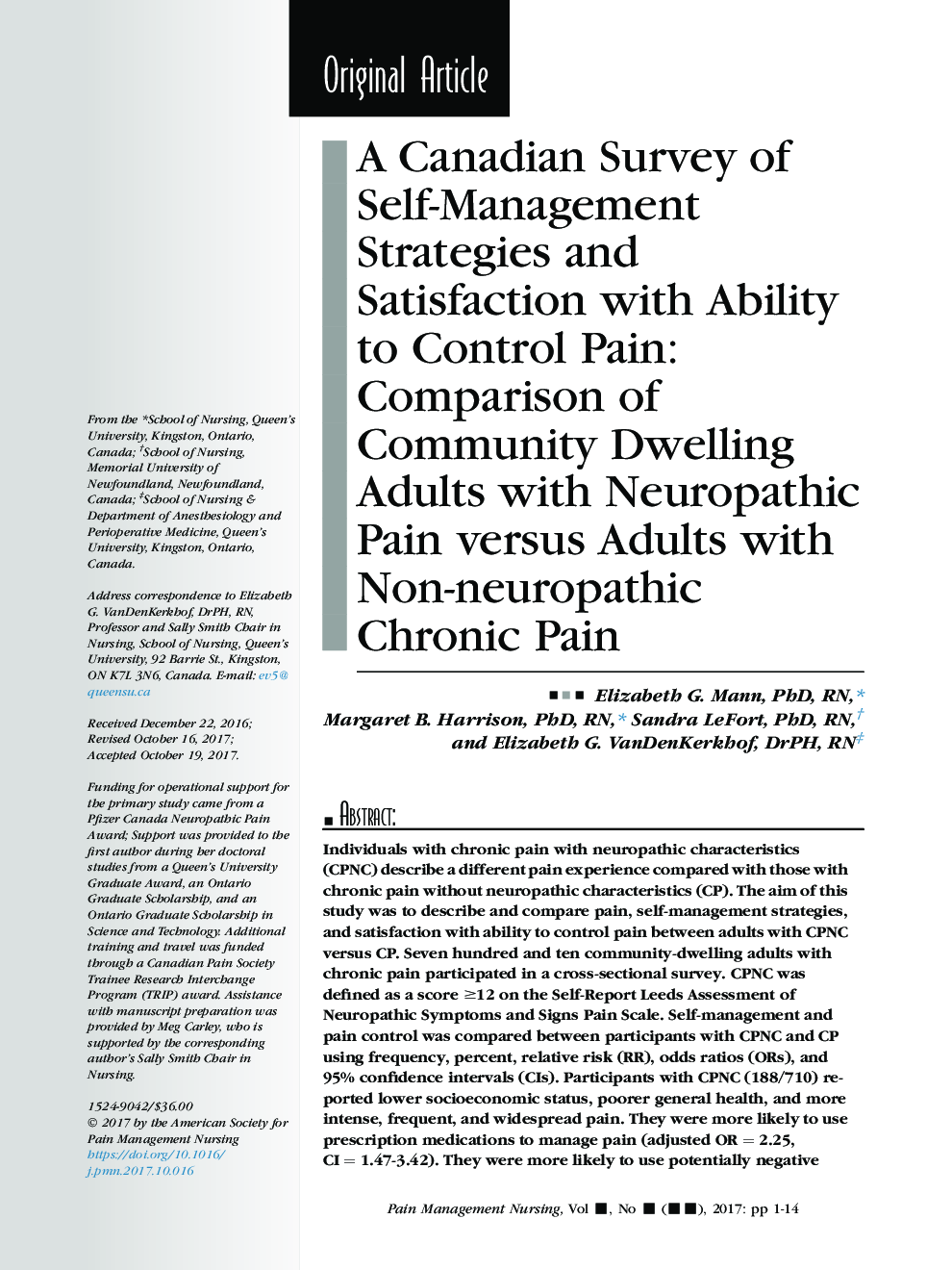 A Canadian Survey of Self-Management Strategies and Satisfaction with Ability to Control Pain: Comparison of Community Dwelling Adults with Neuropathic Pain versus Adults with Non-neuropathic Chronic Pain