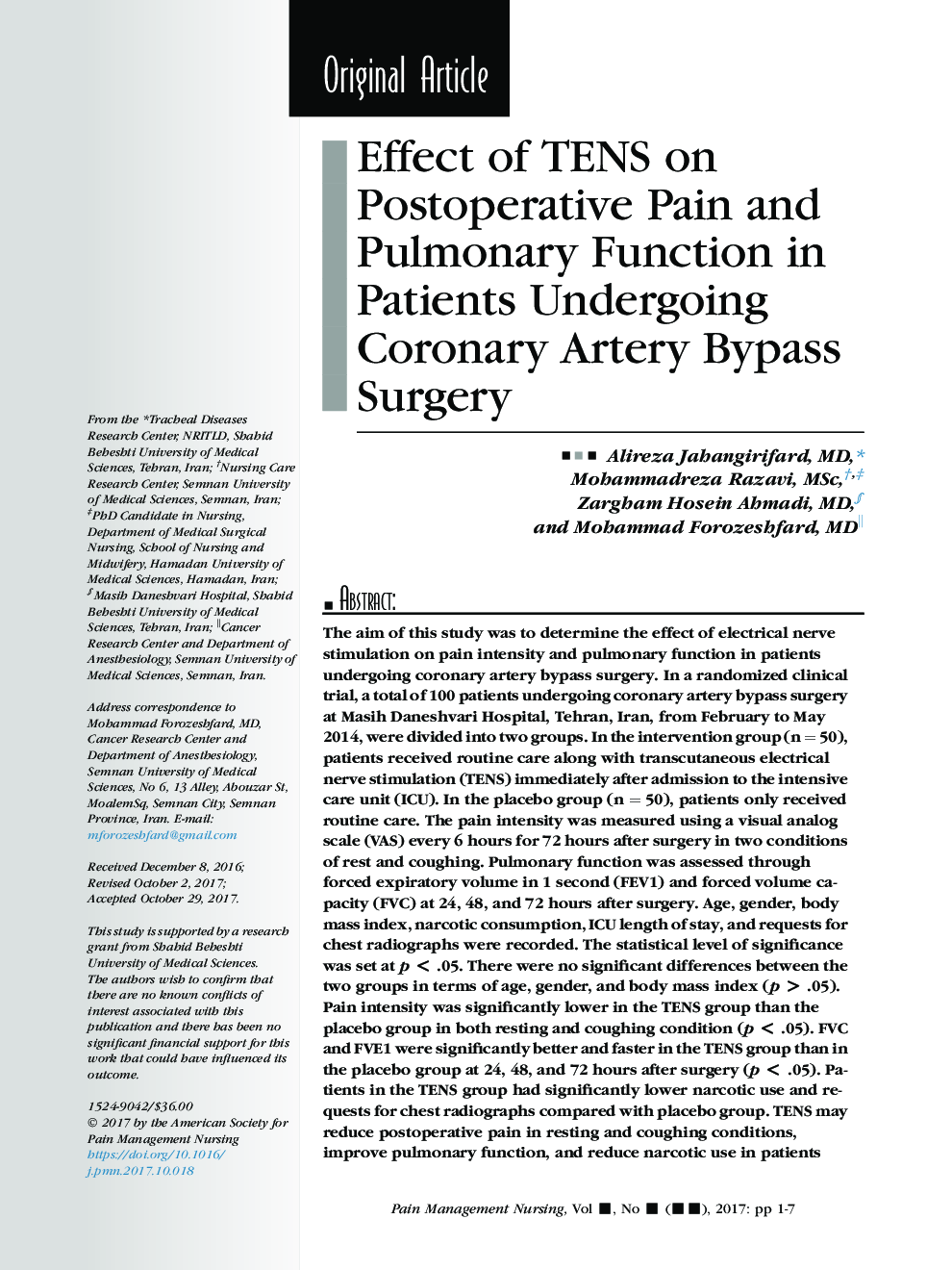 Effect of TENS on Postoperative Pain and Pulmonary Function in Patients Undergoing Coronary Artery Bypass Surgery