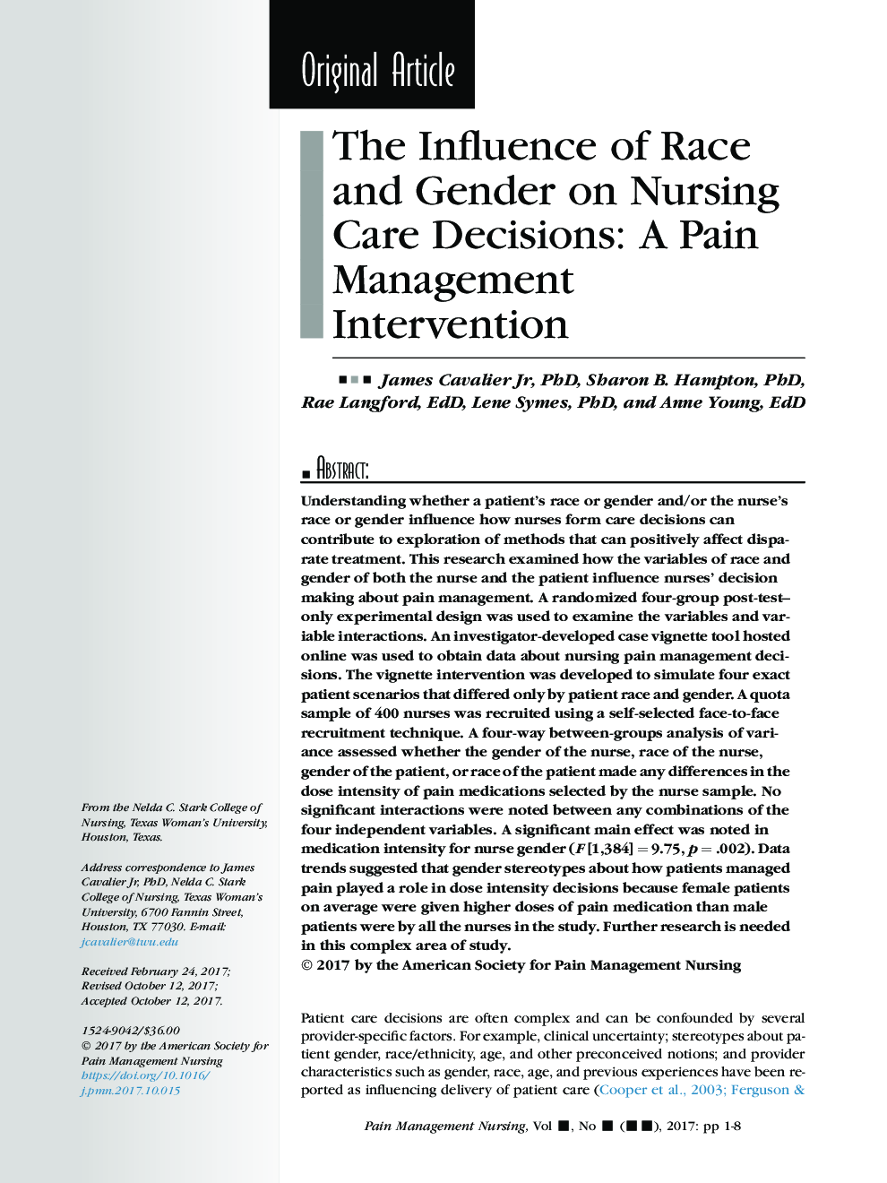 The Influence of Race and Gender on Nursing Care Decisions: A Pain Management Intervention
