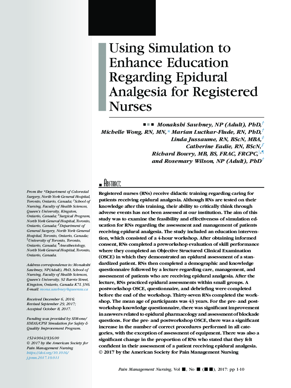 Using Simulation to Enhance Education Regarding Epidural Analgesia for Registered Nurses