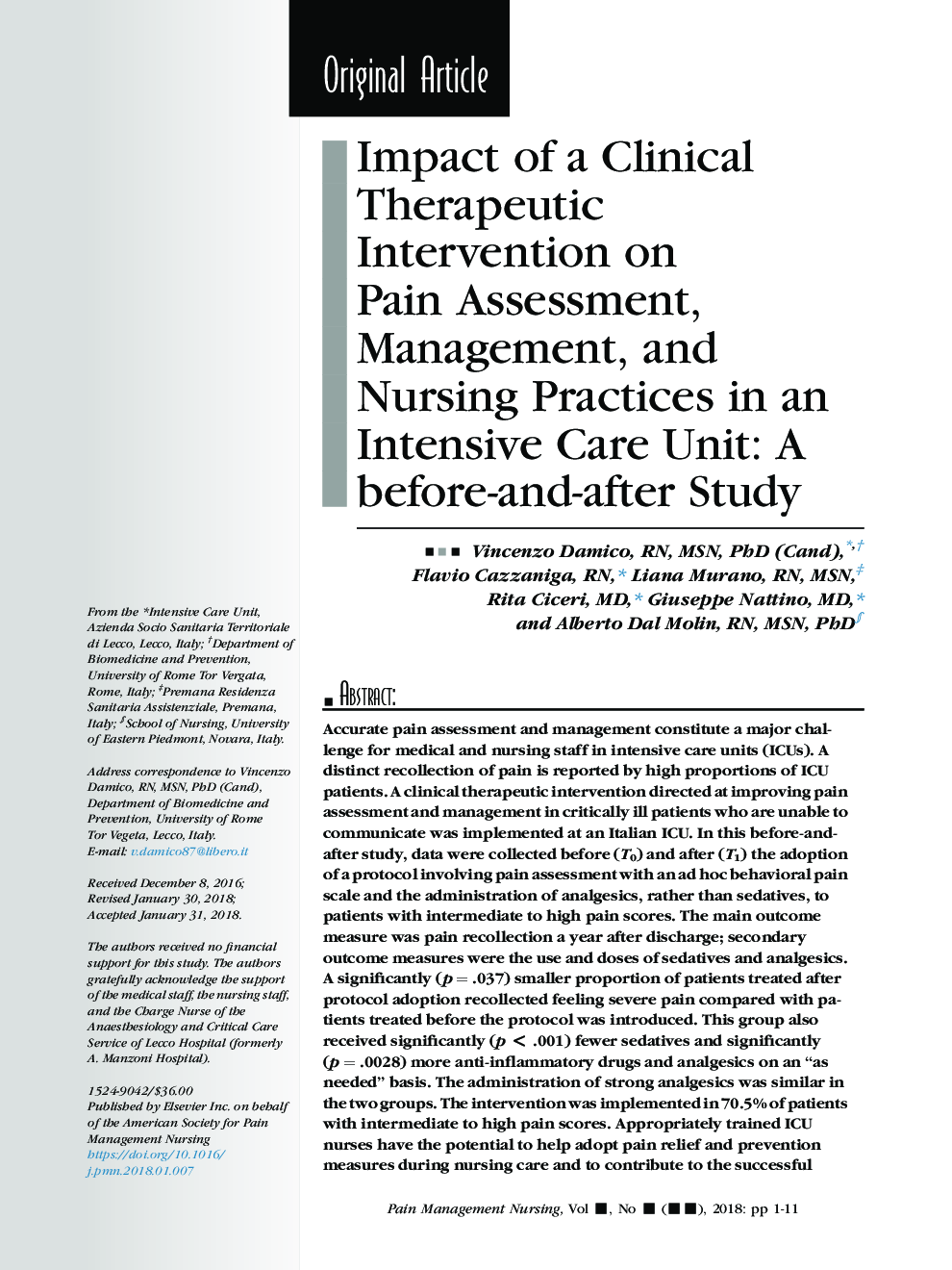 Impact of a Clinical Therapeutic Intervention on Pain Assessment, Management, and Nursing Practices in an Intensive Care Unit: A before-and-after Study