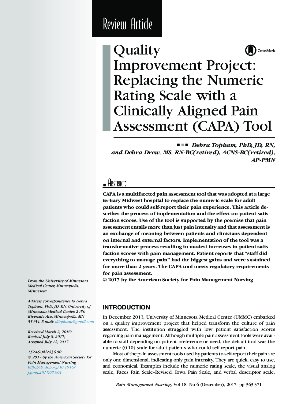 Quality Improvement Project: Replacing the Numeric Rating Scale with a Clinically Aligned Pain Assessment (CAPA) Tool
