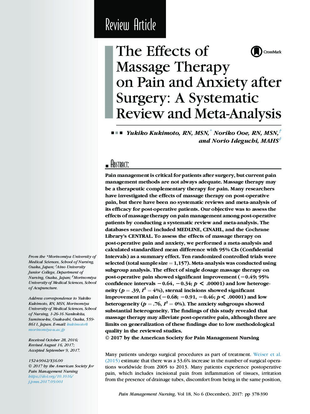 The Effects of Massage Therapy on Pain and Anxiety after Surgery: AÂ Systematic Review and Meta-Analysis