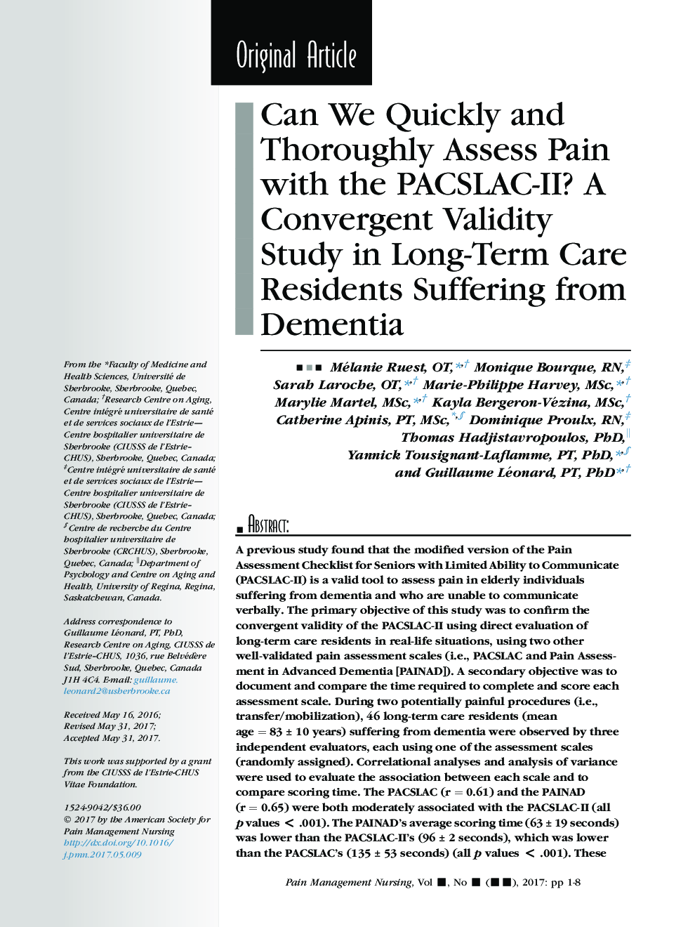 Can We Quickly and Thoroughly Assess Pain with the PACSLAC-II? A Convergent Validity Study in Long-Term Care Residents Suffering from Dementia