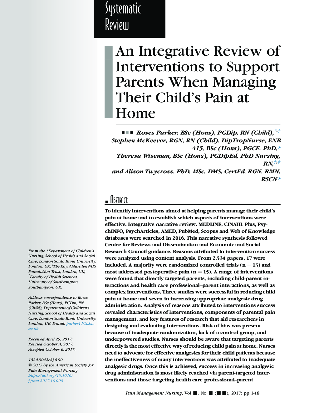 An Integrative Review of Interventions to Support Parents When Managing Their Child's Pain at Home