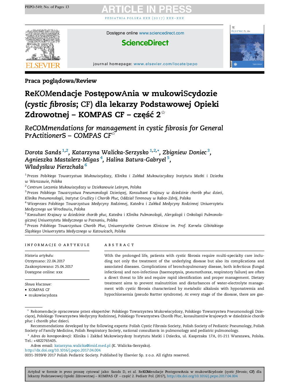ReKOMendacje PostÄpowAnia w mukowiScydozie (cystic fibrosis; CF) dla lekarzy Podstawowej Opieki Zdrowotnej - KOMPAS CF - czÄÅÄ 2