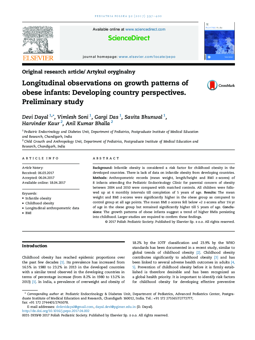 Longitudinal observations on growth patterns of obese infants: Developing country perspectives. Preliminary study