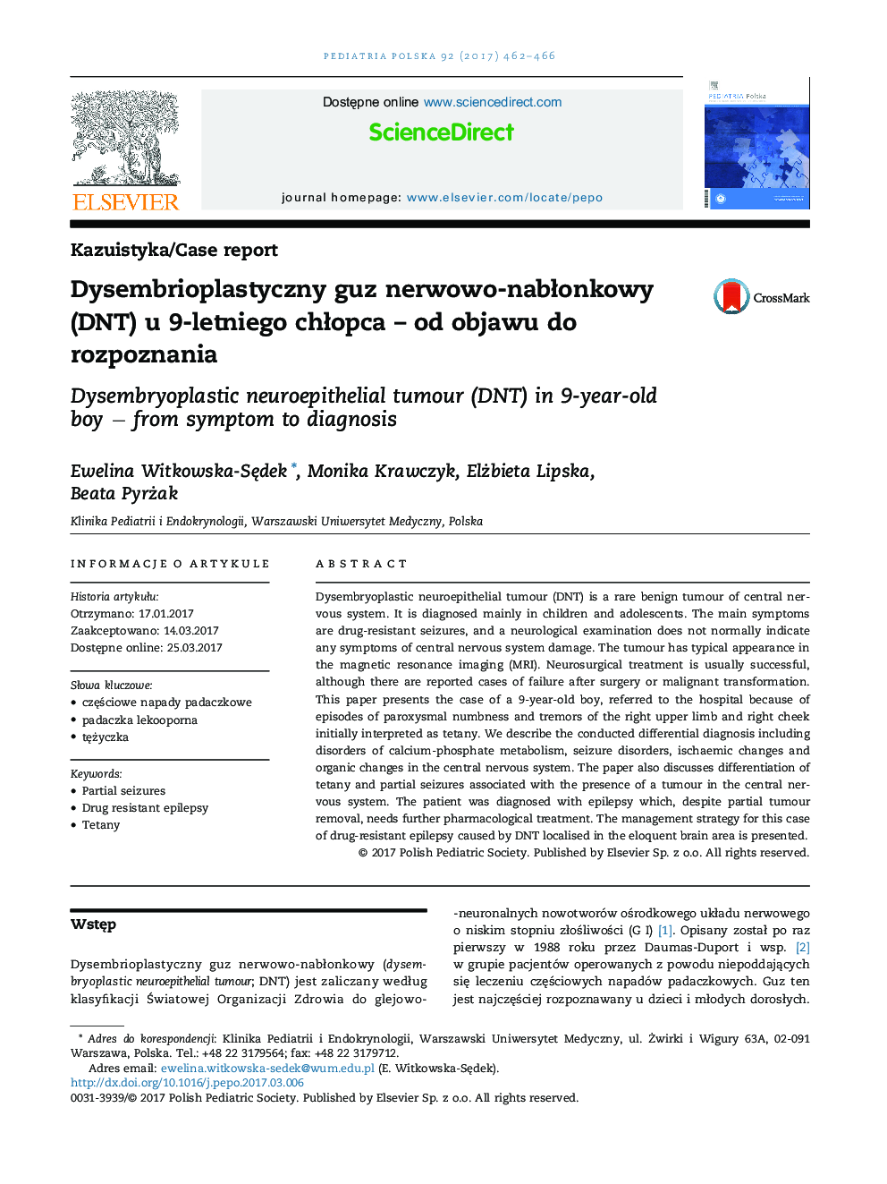 Dysembrioplastyczny guz nerwowo-nabÅonkowy (DNT) u 9-letniego chÅopca - od objawu do rozpoznania