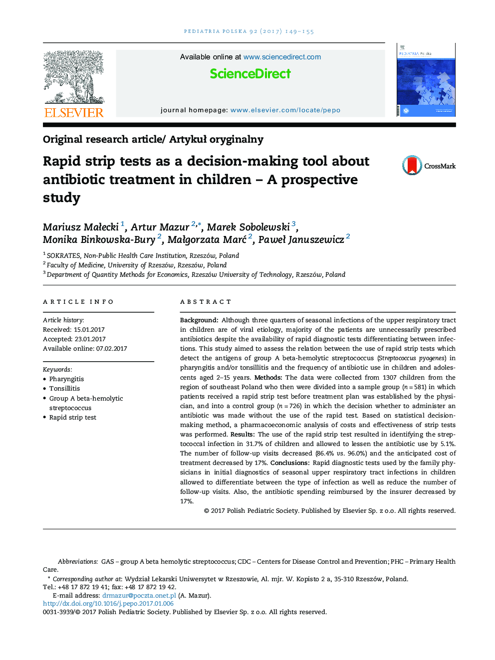 Rapid strip tests as a decision-making tool about antibiotic treatment in children - A prospective study