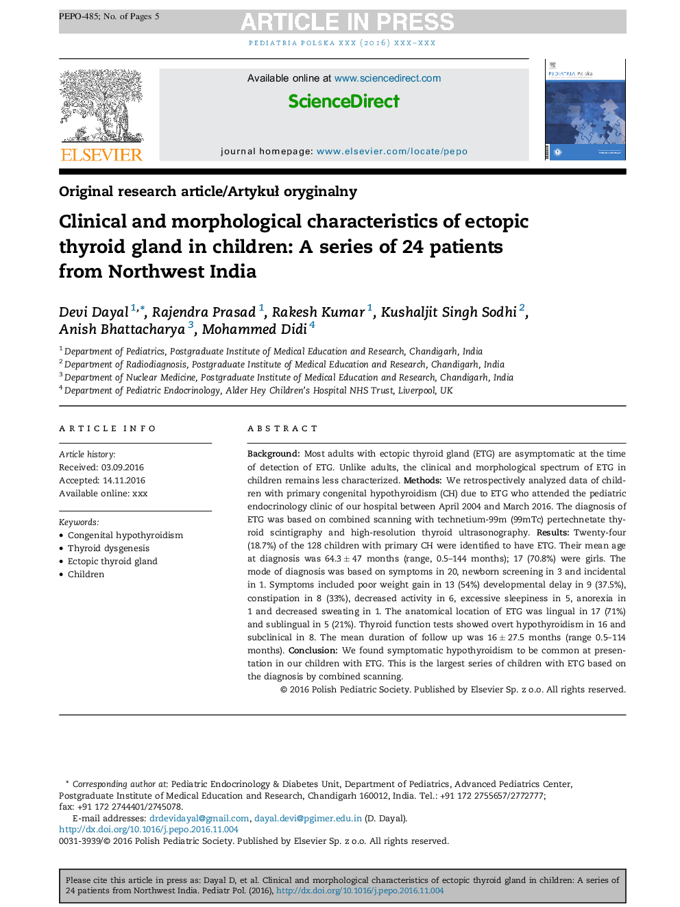 Clinical and morphological characteristics of ectopic thyroid gland in children: A series of 24 patients from Northwest India