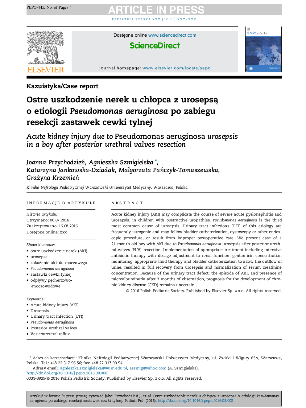 Ostre uszkodzenie nerek u chÅopca z urosepsÄ o etiologii Pseudomonas aeruginosa po zabiegu resekcji zastawek cewki tylnej