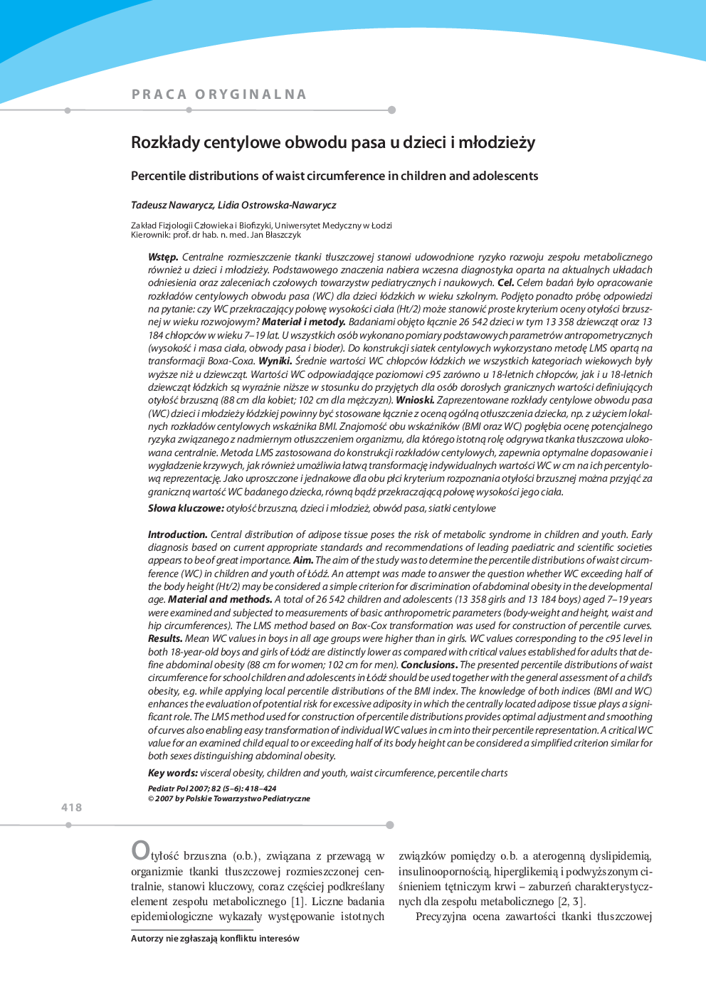 RozkÅady centylowe obwodu pasa u dzieci i mÅodzieÅ¼y