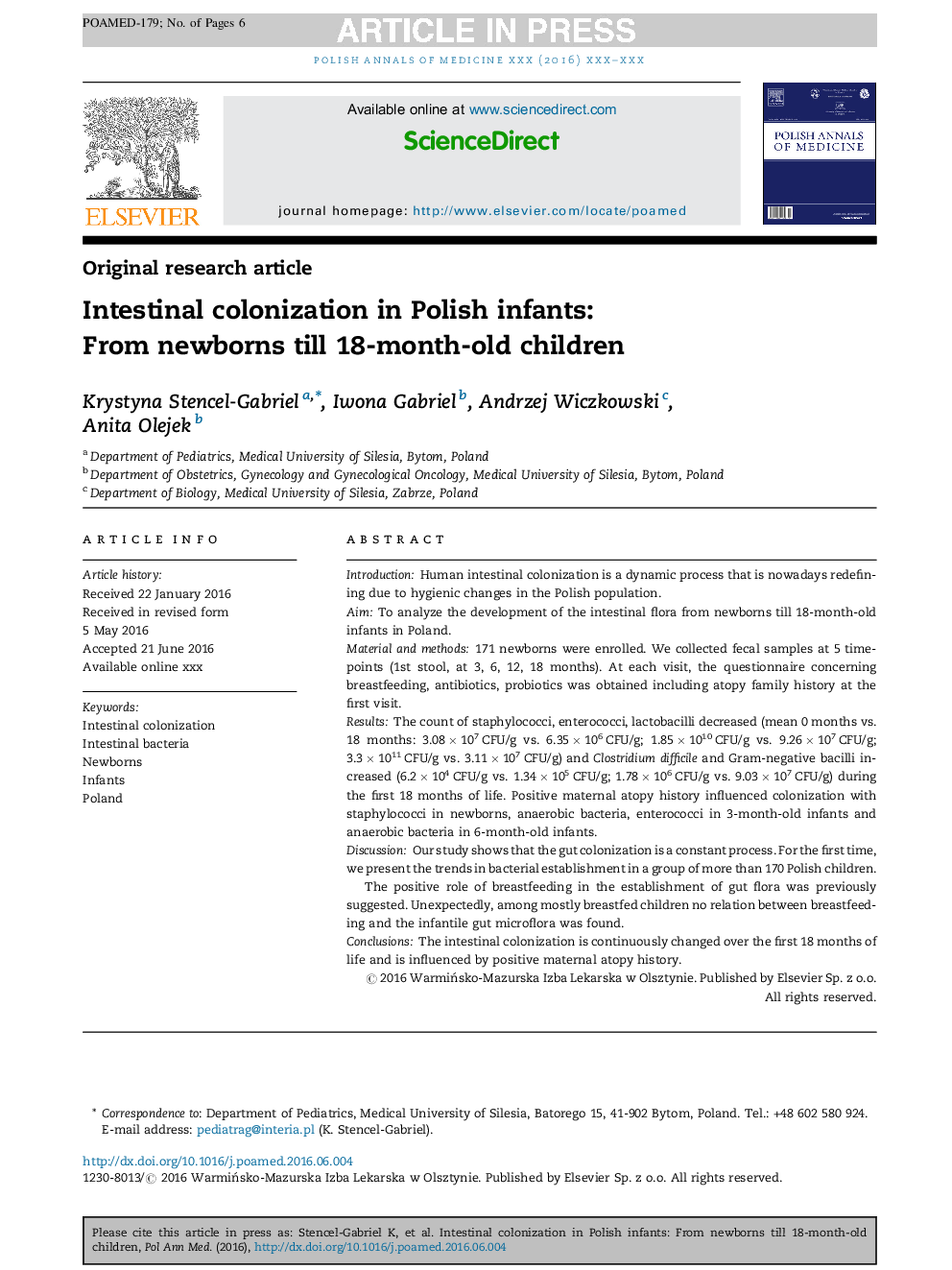 Intestinal colonization in Polish infants: From newborns till 18-month-old children