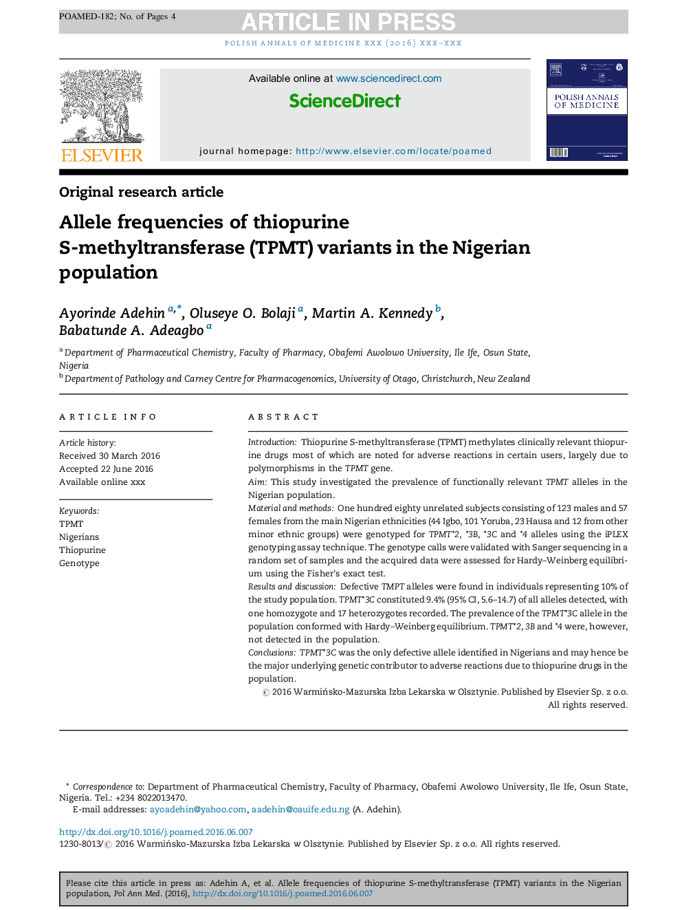 Allele frequencies of thiopurine S-methyltransferase (TPMT) variants in the Nigerian population