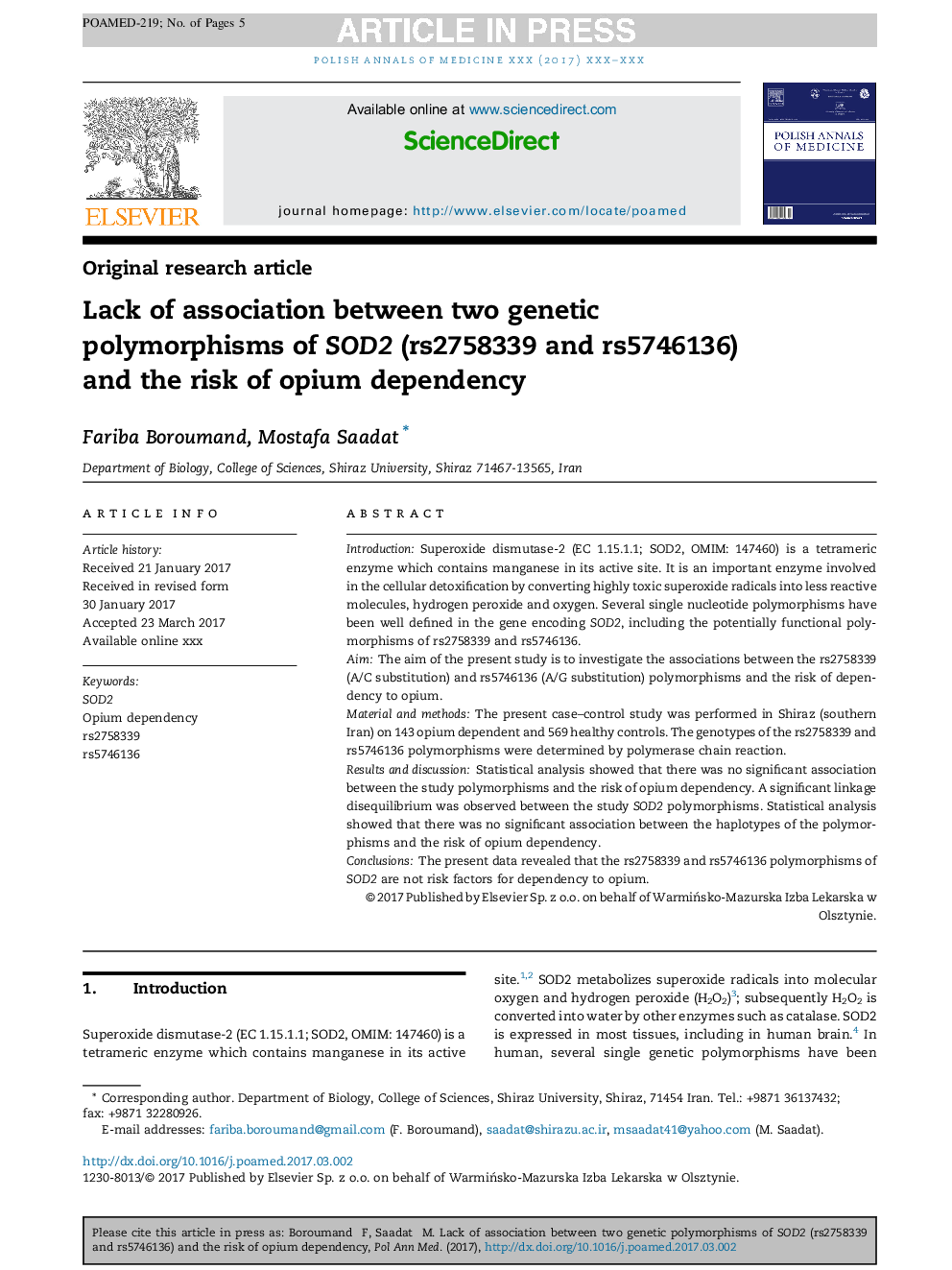 Lack of association between two genetic polymorphisms of SOD2 (rs2758339 and rs5746136) and the risk of opium dependency