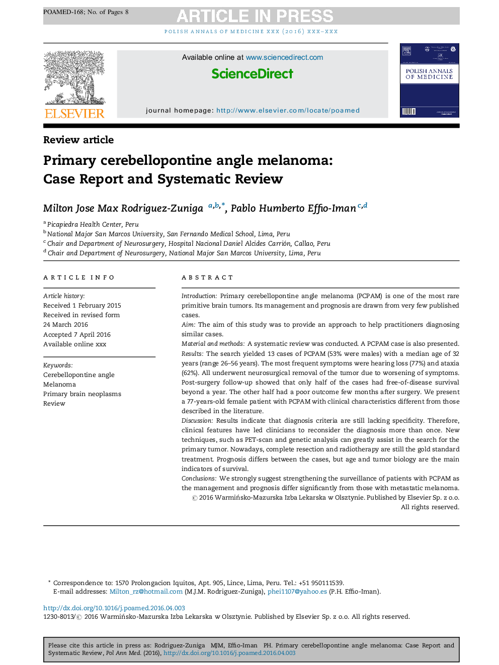 Primary cerebellopontine angle melanoma: Case Report and Systematic Review