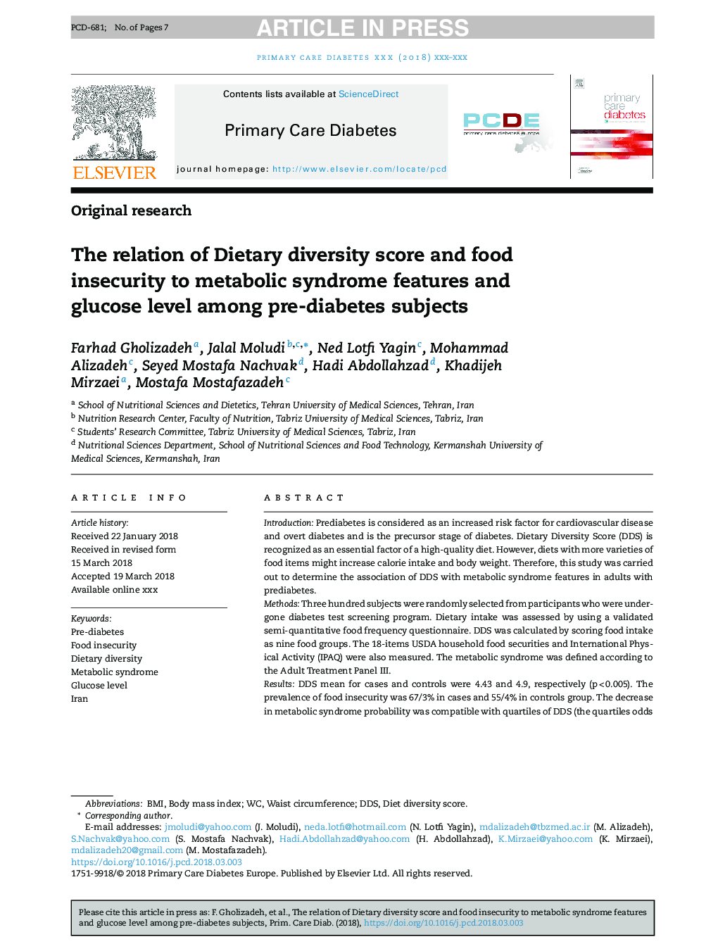 The relation of Dietary diversity score and food insecurity to metabolic syndrome features and glucose level among pre-diabetes subjects