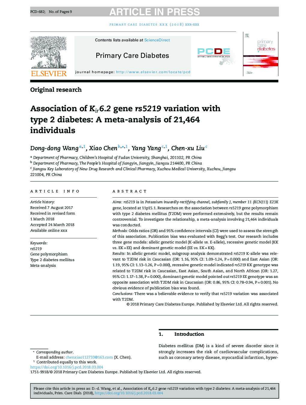 Association of Kir6.2 gene rs5219 variation with type 2 diabetes: A meta-analysis of 21,464 individuals