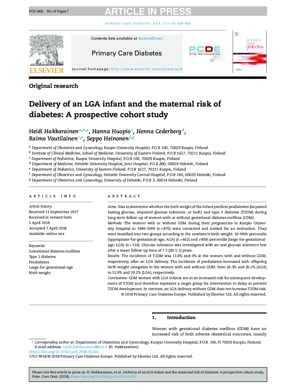 Delivery of an LGA infant and the maternal risk of diabetes: A prospective cohort study