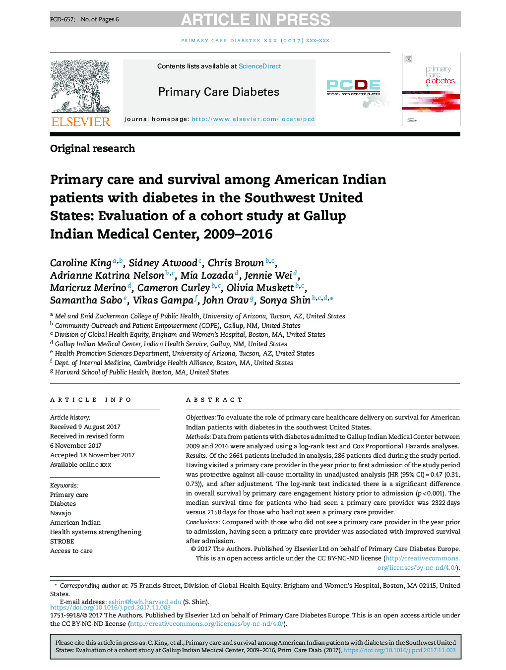 Primary care and survival among American Indian patients with diabetes in the Southwest United States: Evaluation of a cohort study at Gallup Indian Medical Center, 2009-2016