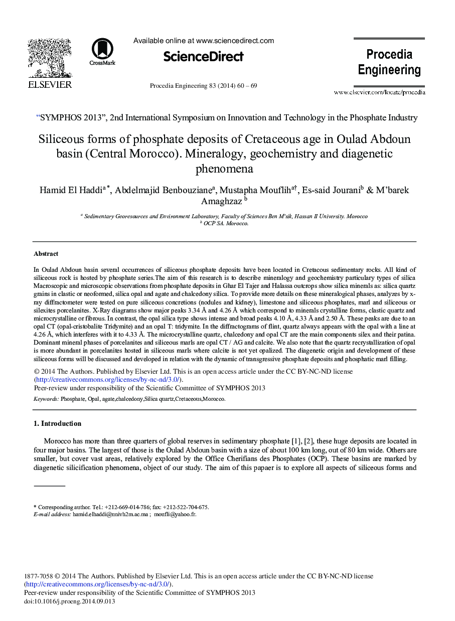 Siliceous Forms of Phosphate Deposits of Cretaceous Age in Oulad Abdoun Basin (Central Morocco). Mineralogy, Geochemistry and Diagenetic Phenomena 