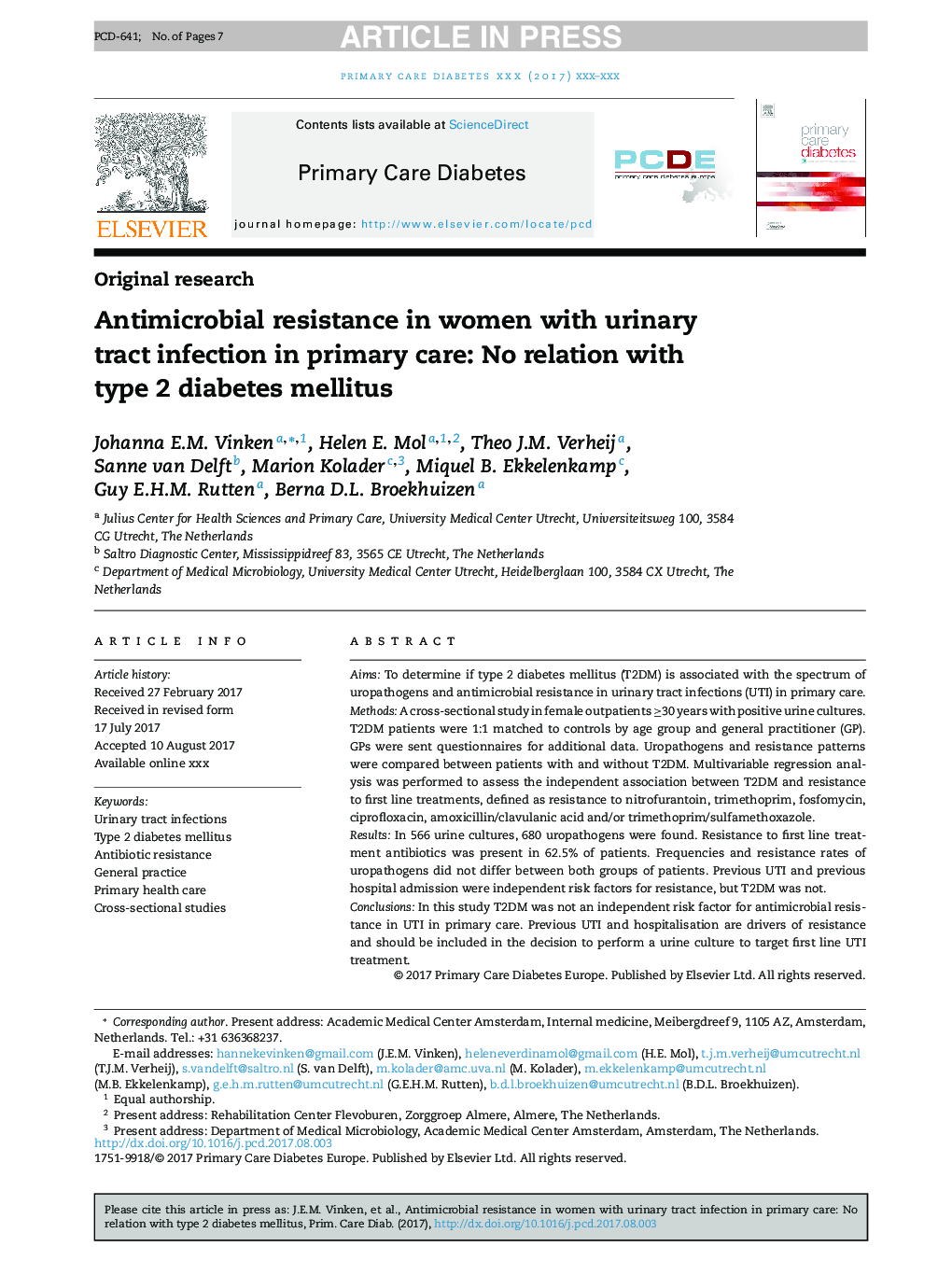 مقاومت ضد میکروبی در زنان مبتلا به عفونت ادراری در مراقبت های اولیه: عدم ارتباط با دیابت نوع 2 