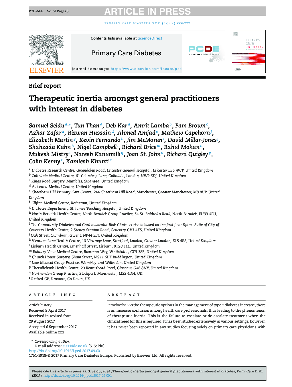 Therapeutic inertia amongst general practitioners with interest in diabetes