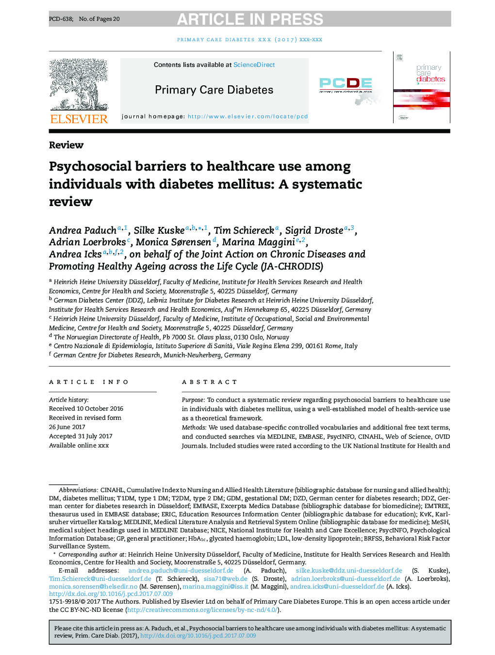 Psychosocial barriers to healthcare use among individuals with diabetes mellitus: A systematic review