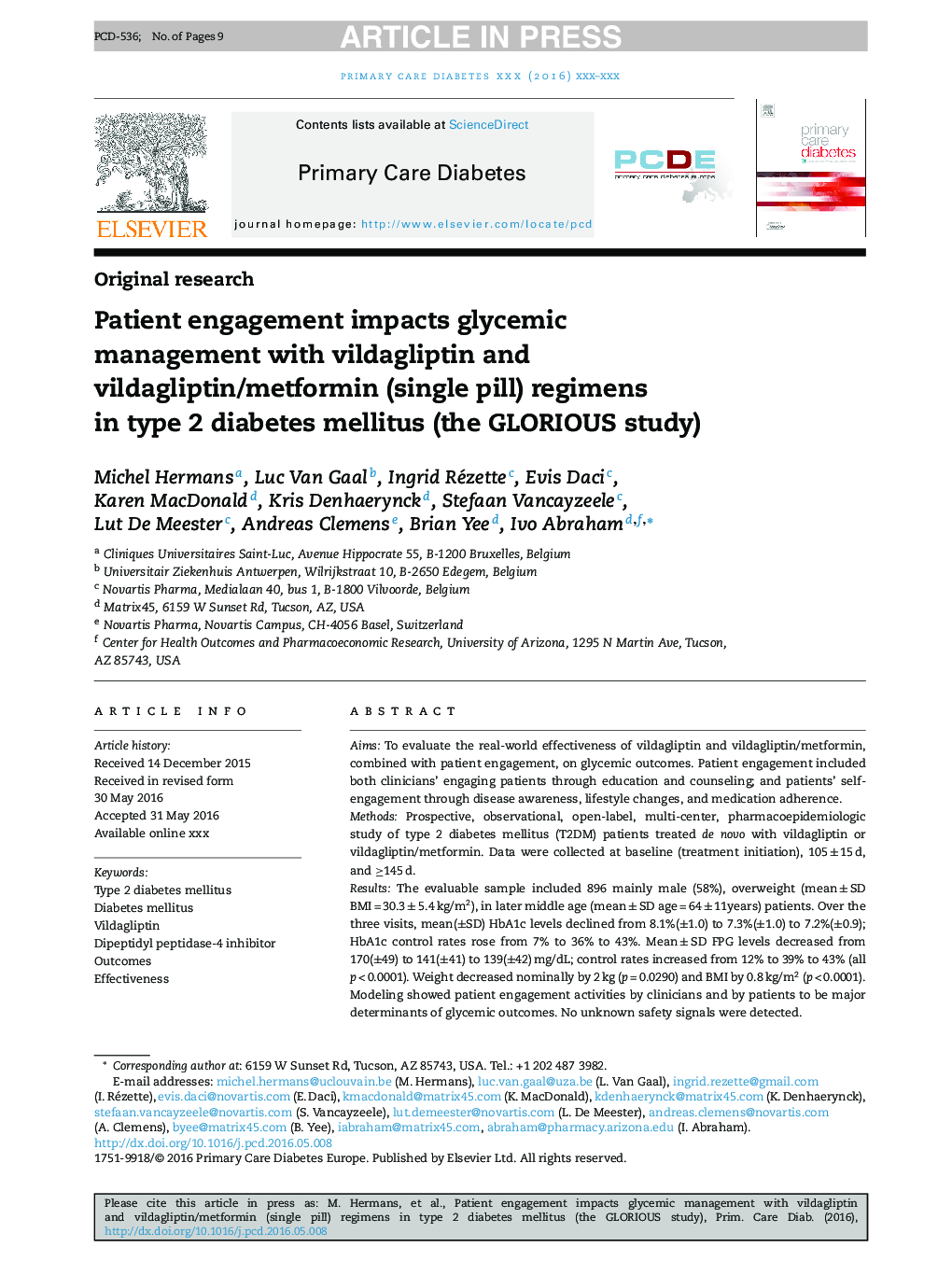 Patient engagement impacts glycemic management with vildagliptin and vildagliptin/metformin (single pill) regimens in type 2 diabetes mellitus (the GLORIOUS study)