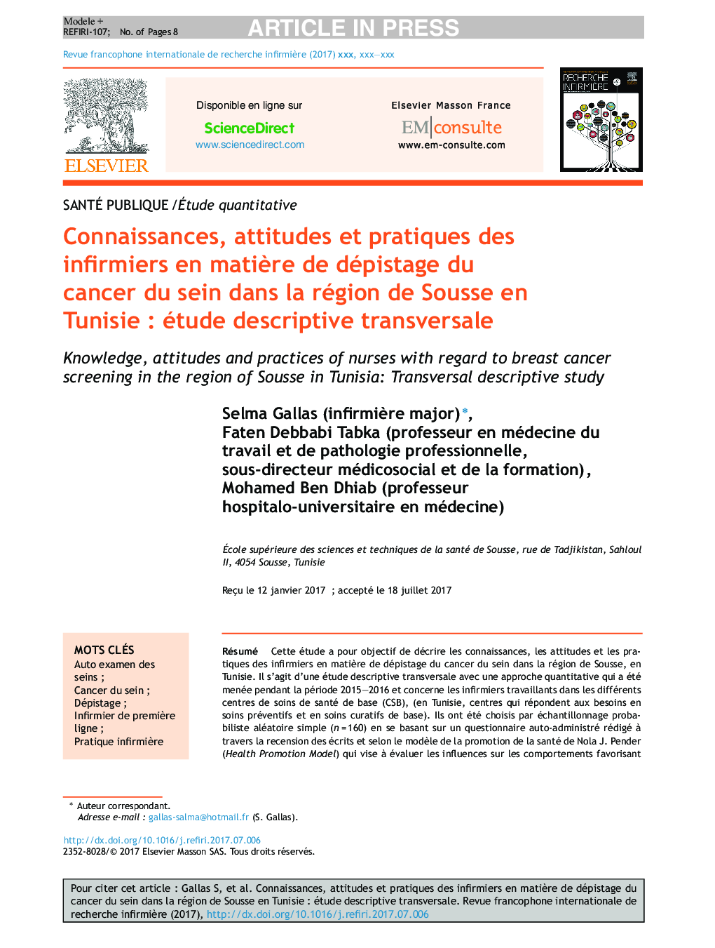 Connaissances, attitudes et pratiques des infirmiers en matiÃ¨re de dépistage du cancer du sein dans la région de Sousse en TunisieÂ : étude descriptive transversale