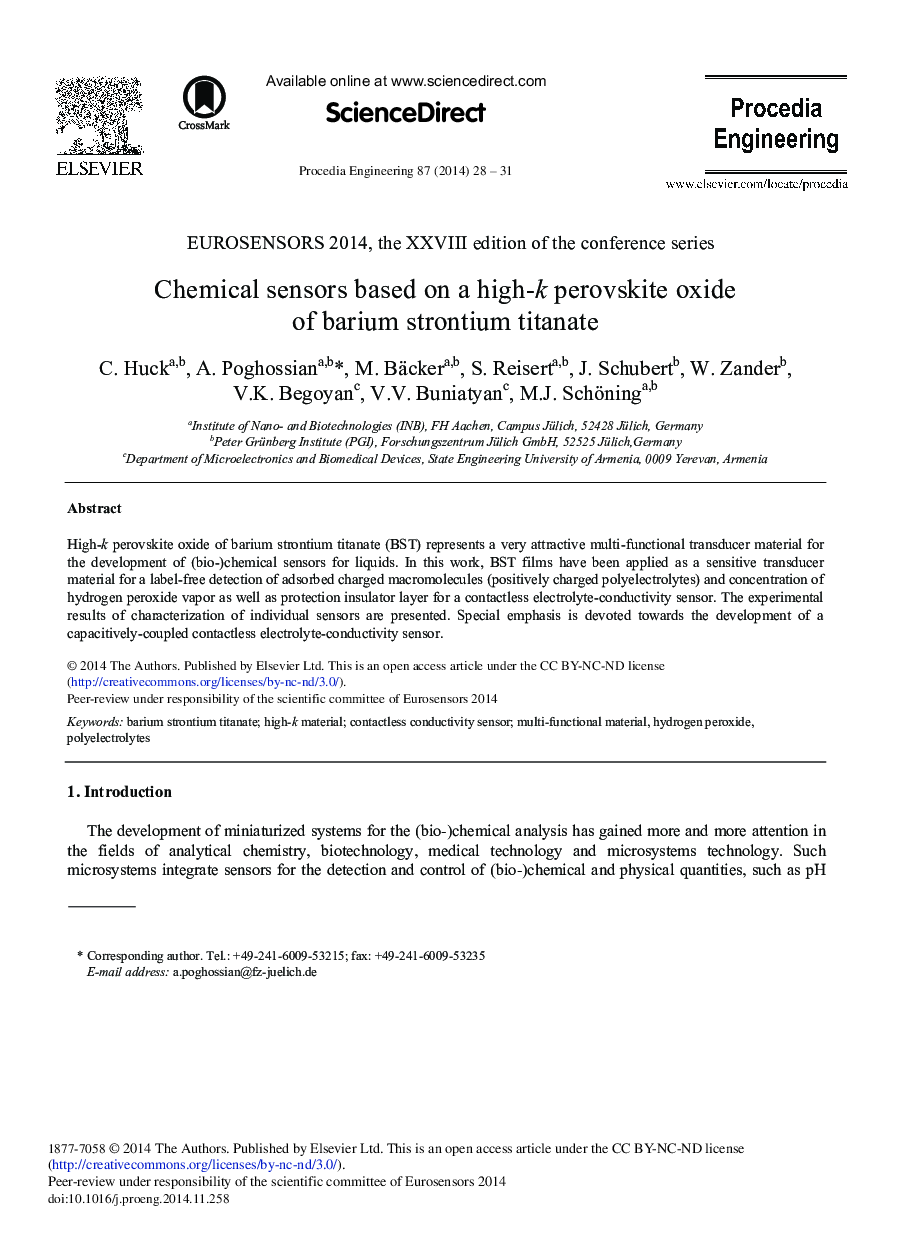 Chemical Sensors Based on a High-k Perovskite Oxide of Barium Strontium Titanate 