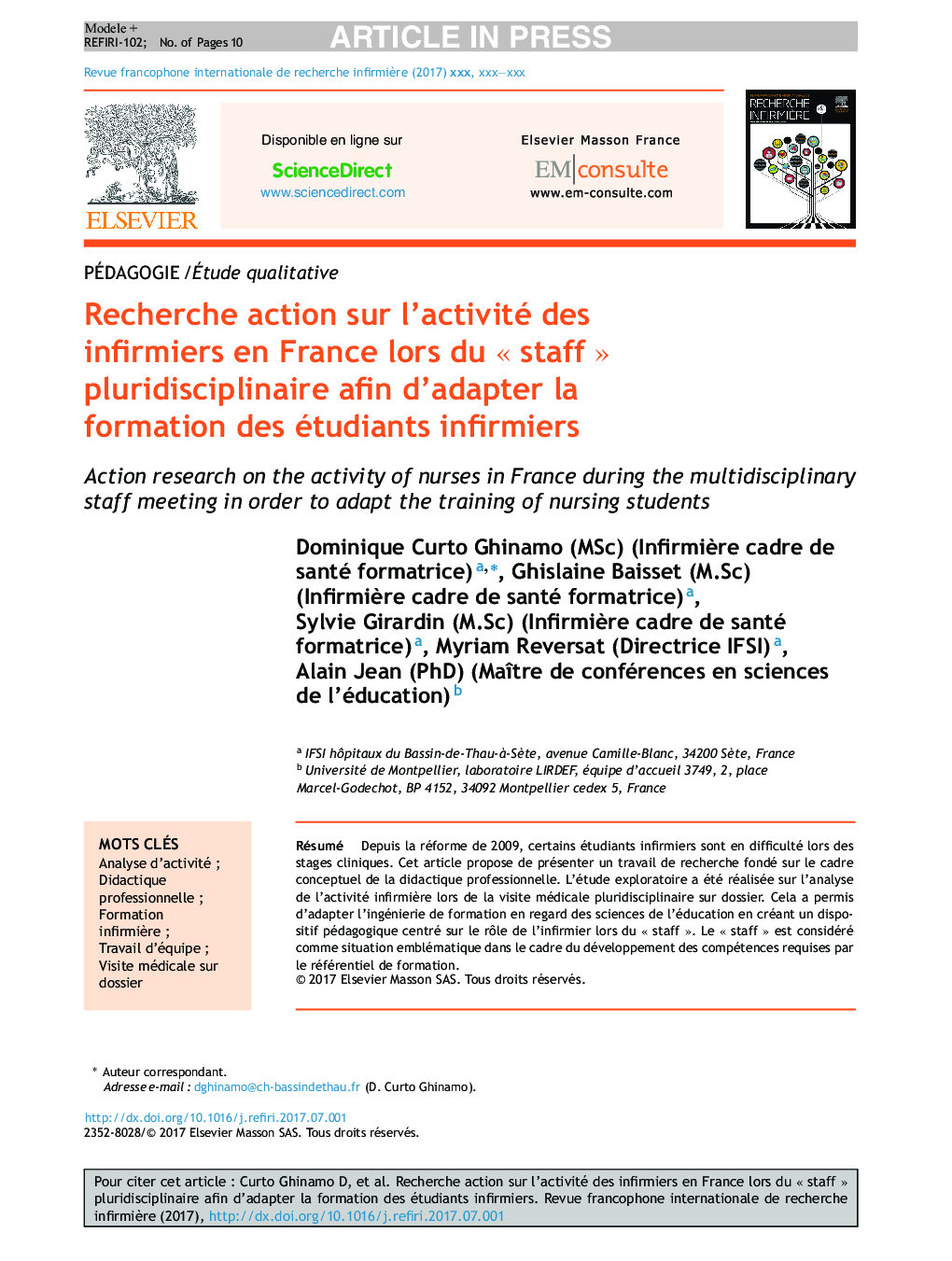 Recherche action sur l'activité des infirmiers en France lors du Â«Â staffÂ Â» pluridisciplinaire afin d'adapter la formation des étudiants infirmiers