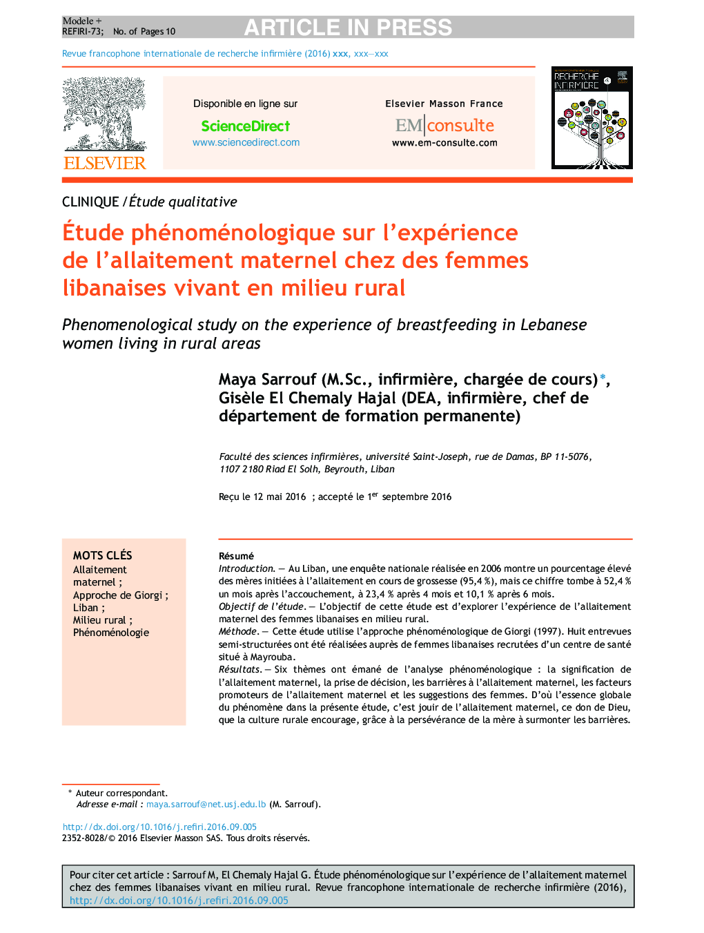 Ãtude phénoménologique sur l'expérience de l'allaitement maternel chez des femmes libanaises vivant en milieu rural