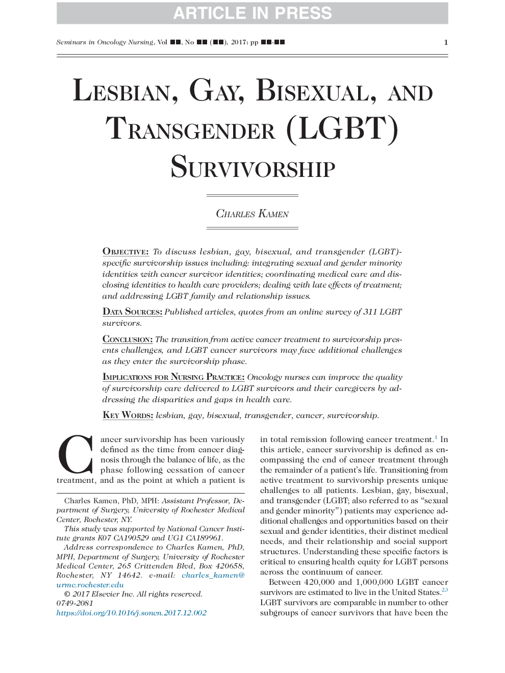 Lesbian, Gay, Bisexual, and Transgender (LGBT) Survivorship