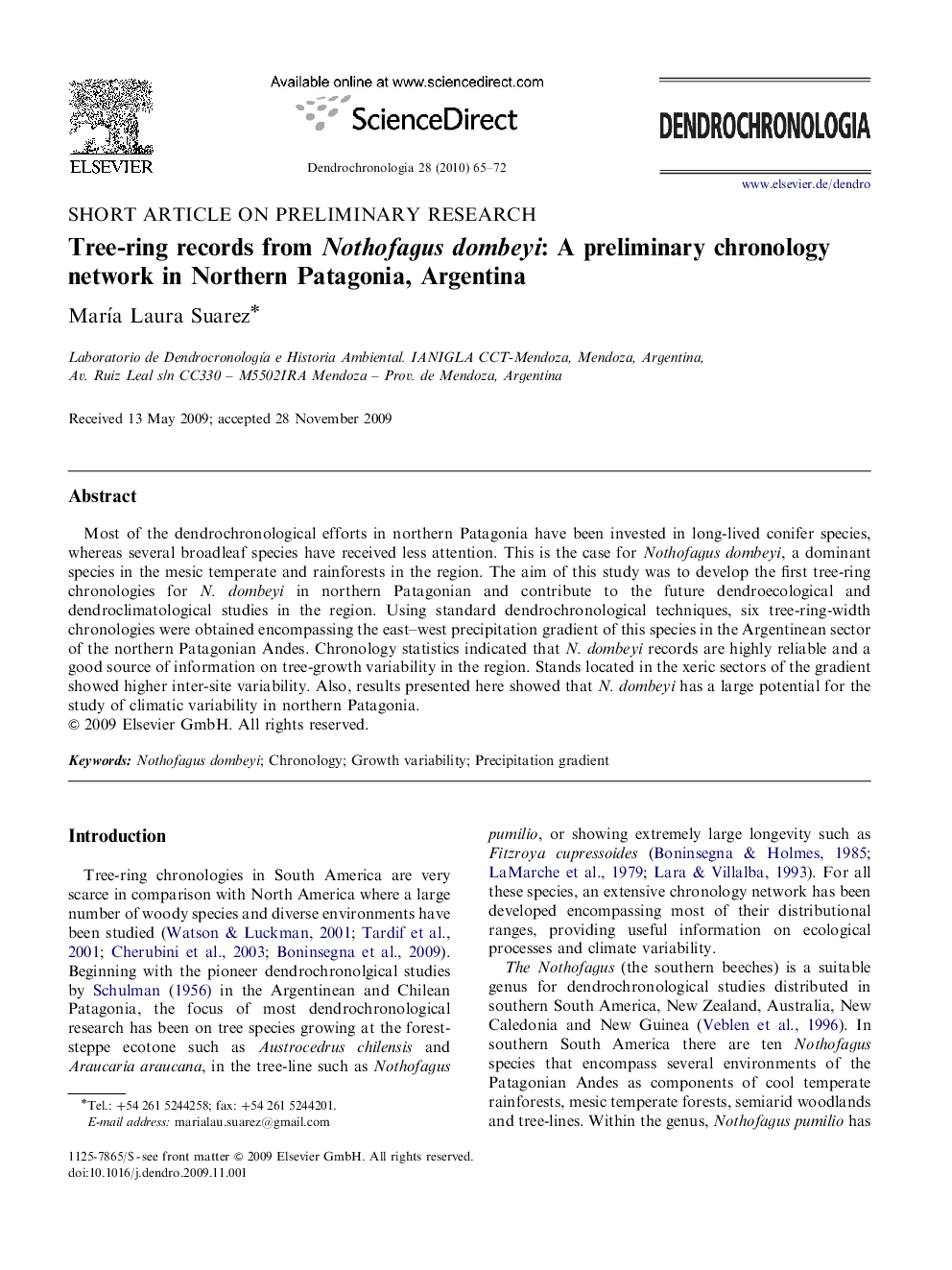 Tree-ring records from Nothofagus dombeyi: A preliminary chronology network in Northern Patagonia, Argentina