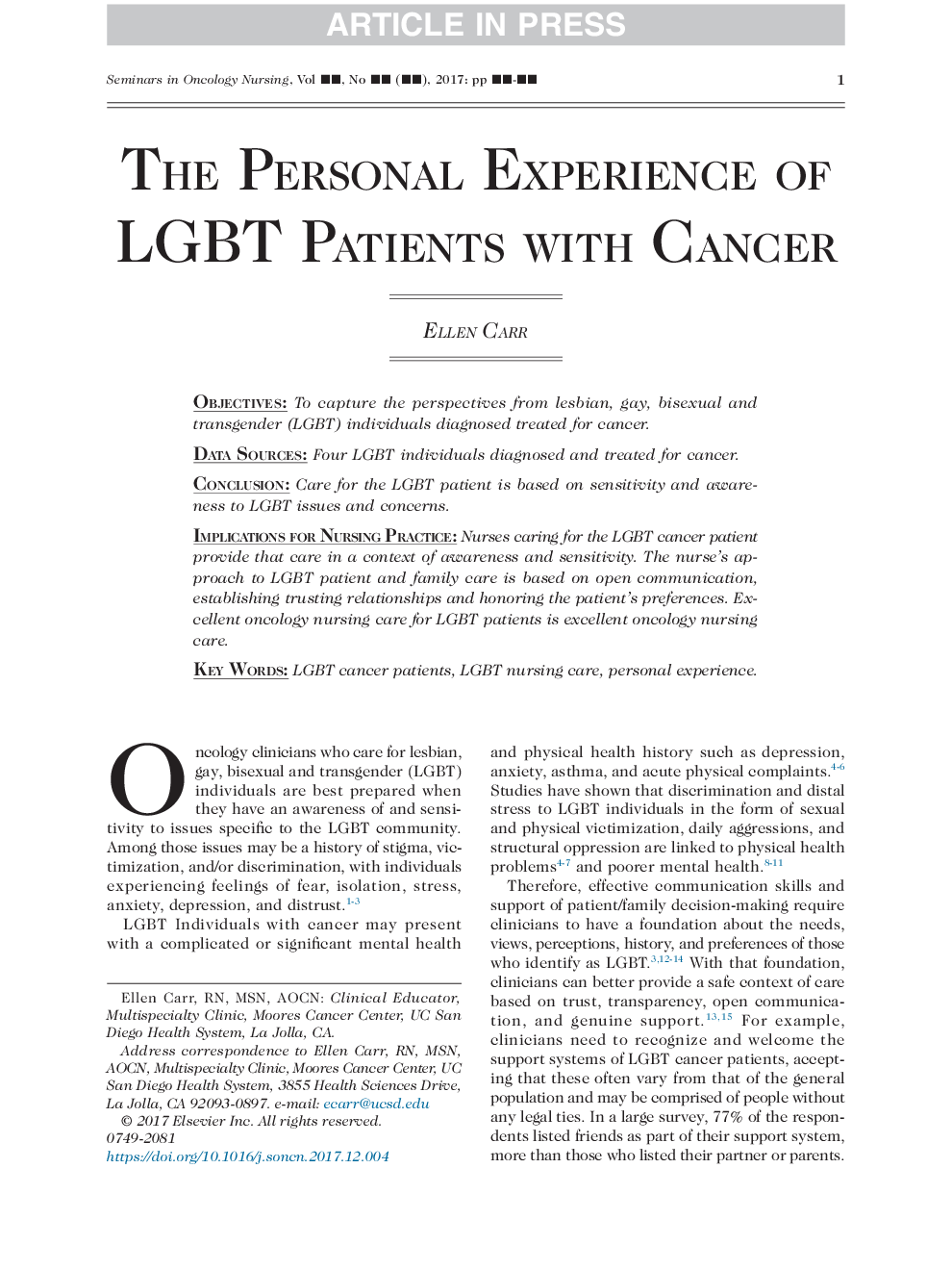 The Personal Experience of LGBT Patients with Cancer