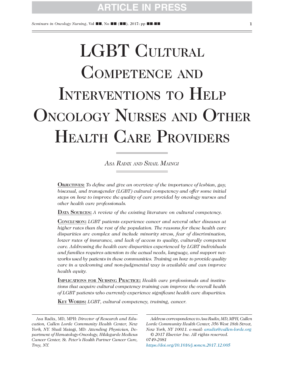 LGBT Cultural Competence and Interventions to Help Oncology Nurses and Other Health Care Providers