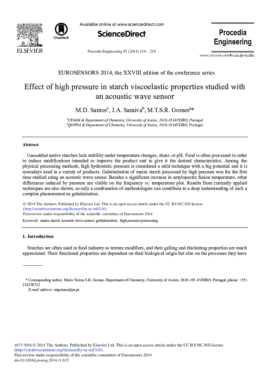 Effect of High Pressure in Starch Viscoelastic Properties Studied with an Acoustic Wave Sensor 