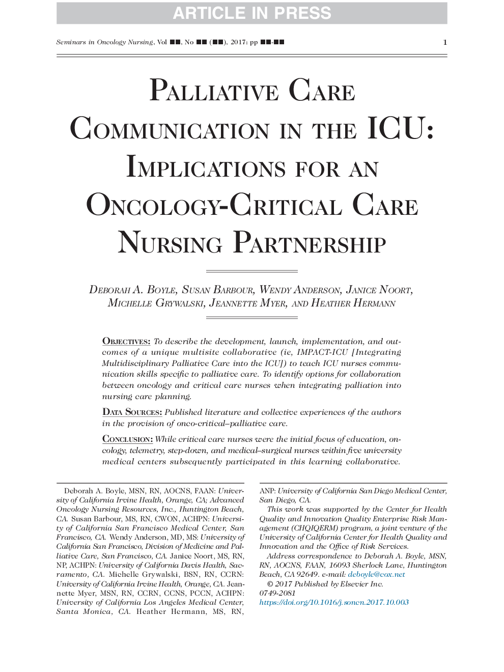 Palliative Care Communication in the ICU: Implications for an Oncology-Critical Care Nursing Partnership