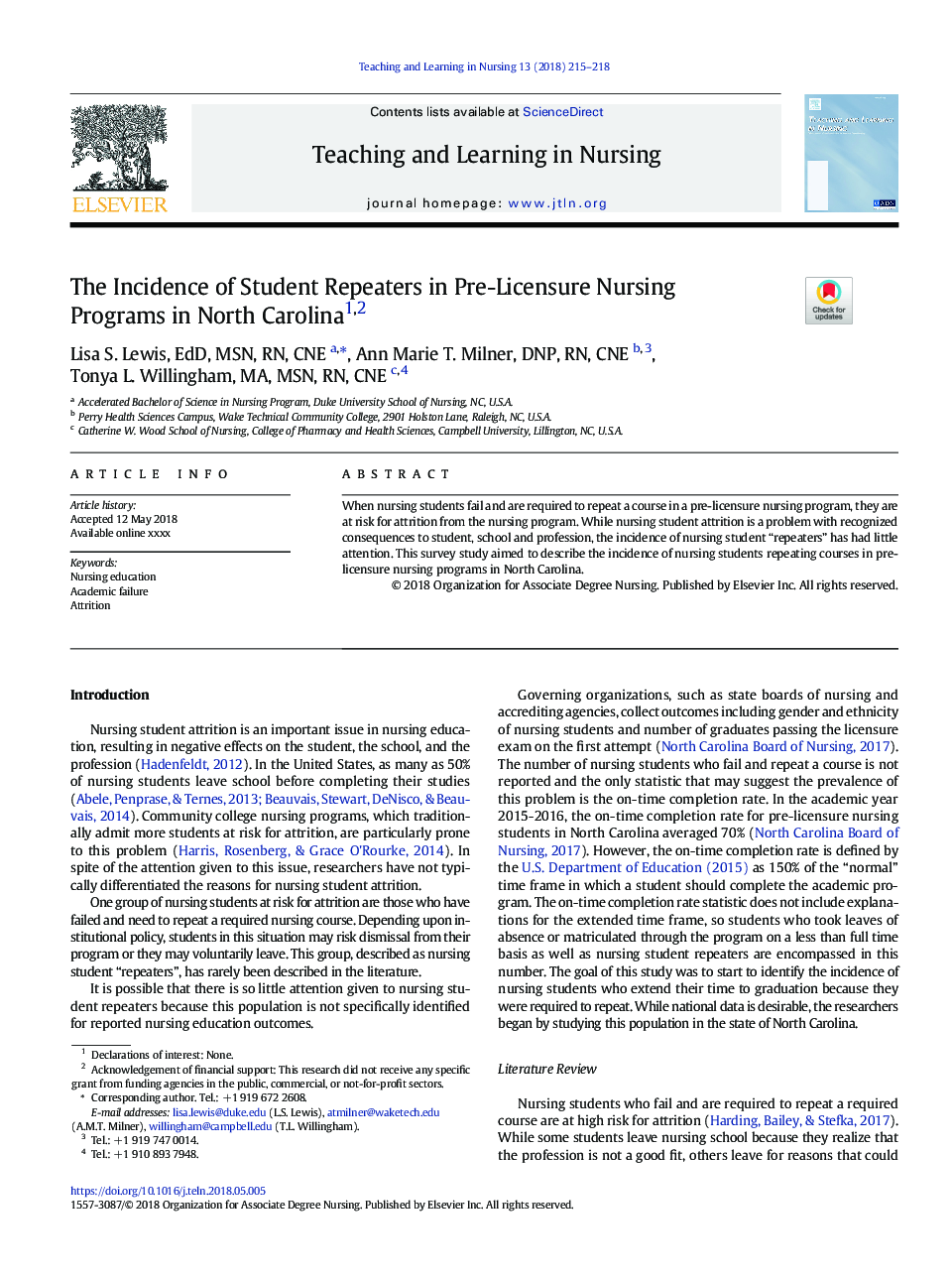 The Incidence of Student Repeaters in Pre-Licensure Nursing Programs in North Carolina