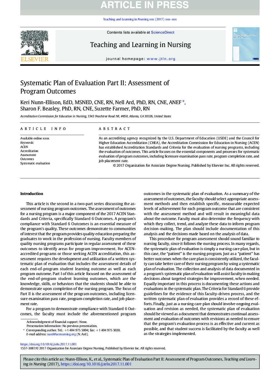 Systematic Plan of Evaluation Part II: Assessment of Program Outcomes