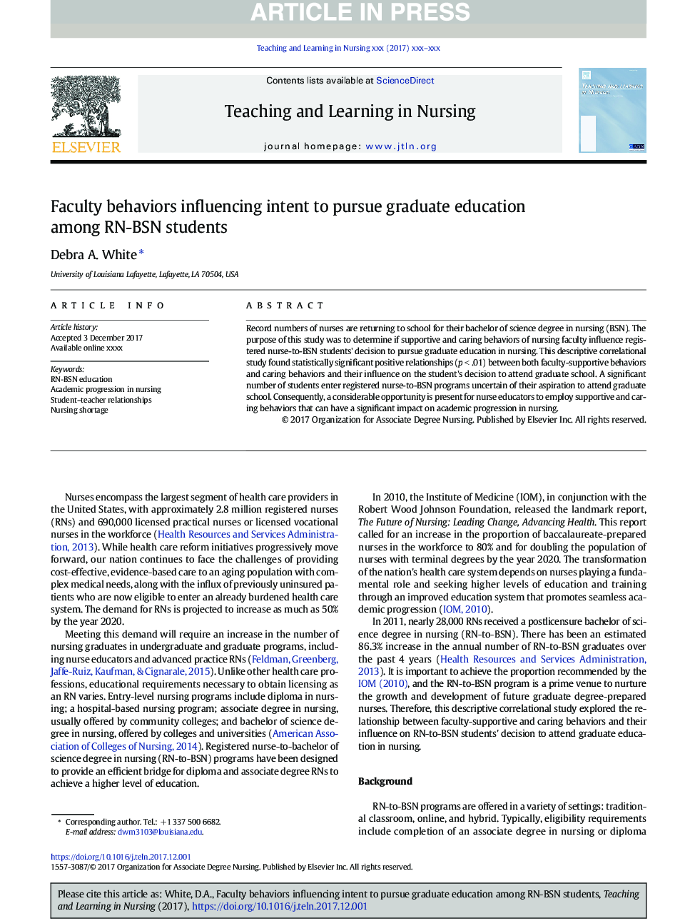 Faculty Behaviors Influencing Intent to Pursue Graduate Education Among RN-BSN Students