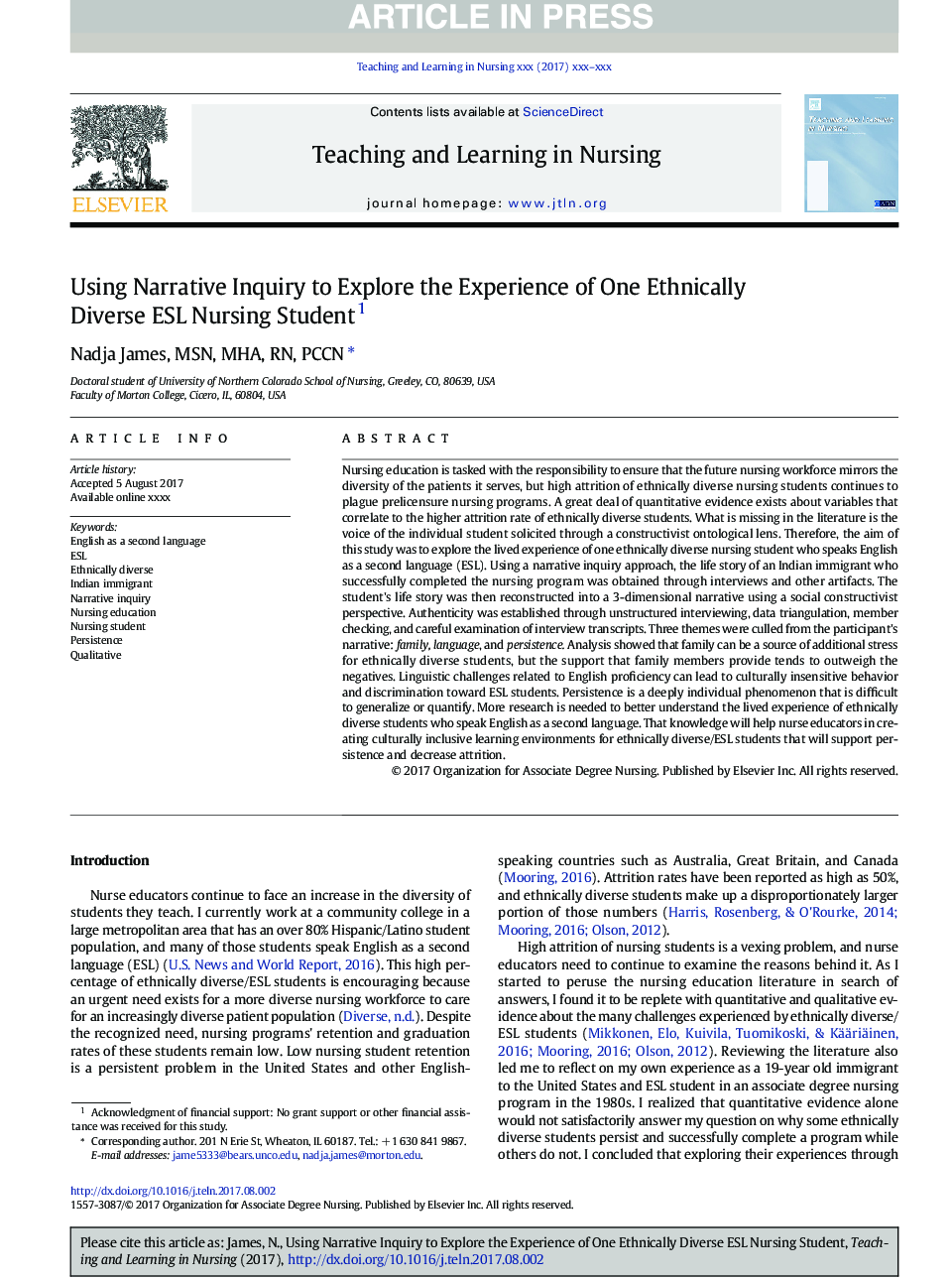 Using Narrative Inquiry to Explore the Experience of One Ethnically Diverse ESL Nursing Student